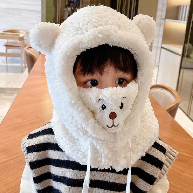 Plush Hat Autumn Winter Cute Children Cartoon Scarf Masked Hood Cap Double Fleece Warmth Boy Girl Adult Parent-child Baby Hat ShopOnlyDeal