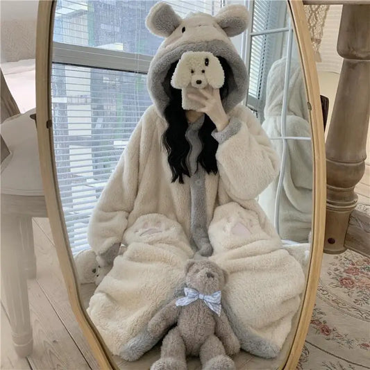 Kawaii Pajama Pocket Robe for Women Sleepwear Nightdress Winter Night Wears Warm Fleece Pajama One Piece Nightgown Button Korean Cute Homewear ShopOnlyDeal