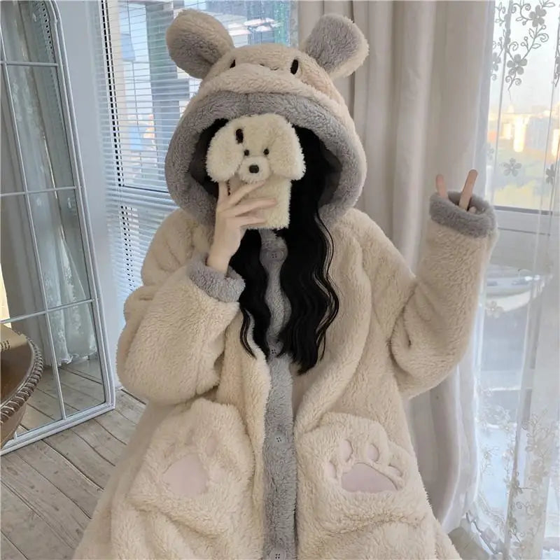 Kawaii Pajama Pocket Robe for Women Sleepwear Nightdress Winter Night Wears Warm Fleece Pajama One Piece Nightgown Button Korean Cute Homewear ShopOnlyDeal