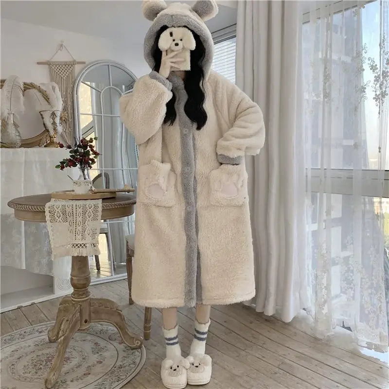 Kawaii Pajama Pocket Robe for Women Sleepwear Nightdress Winter Night Wears Warm Fleece Pajama One Piece Nightgown Button Korean Cute Homewear ShopOnlyDeal