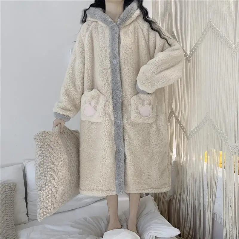 Kawaii Pajama Pocket Robe for Women Sleepwear Nightdress Winter Night Wears Warm Fleece Pajama One Piece Nightgown Button Korean Cute Homewear ShopOnlyDeal