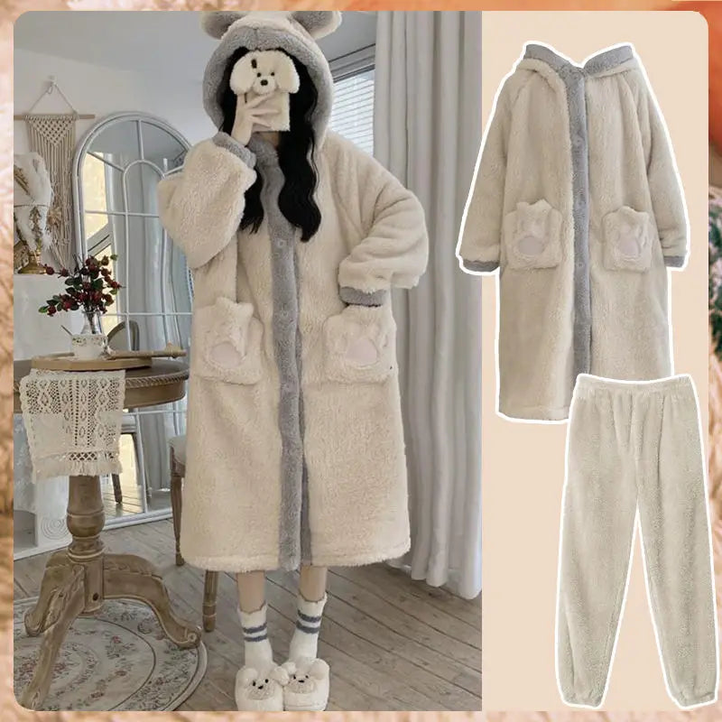 Kawaii Pajama Pocket Robe for Women Sleepwear Nightdress Winter Night Wears Warm Fleece Pajama One Piece Nightgown Button Korean Cute Homewear ShopOnlyDeal