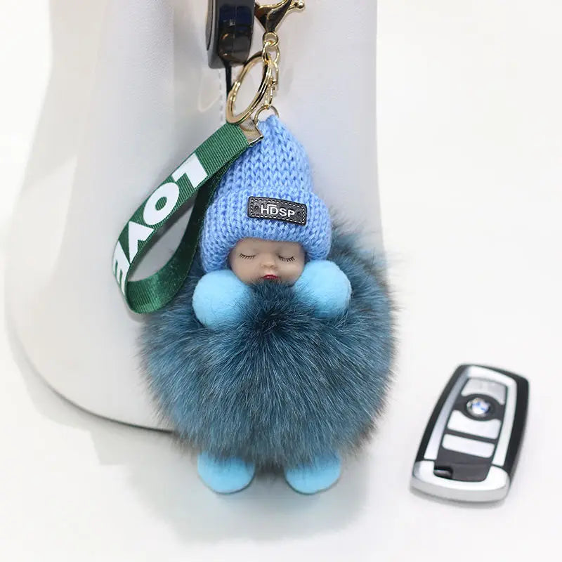 Fluffy Pompom Sleeping Baby Keychain Cute Fluffy Plush Doll Keychains Women Girl Bags Keyrings Cars Key Ring  Gift Charming  Decoration ShopOnlyDeal