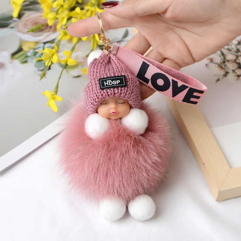 Fluffy Pompom Sleeping Baby Keychain Cute Fluffy Plush Doll Keychains Women Girl Bags Keyrings Cars Key Ring  Gift Charming  Decoration ShopOnlyDeal