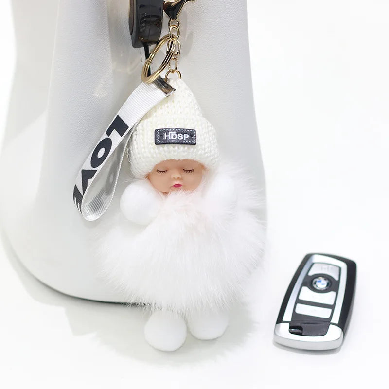 Fluffy Pompom Sleeping Baby Keychain Cute Fluffy Plush Doll Keychains Women Girl Bags Keyrings Cars Key Ring  Gift Charming  Decoration ShopOnlyDeal