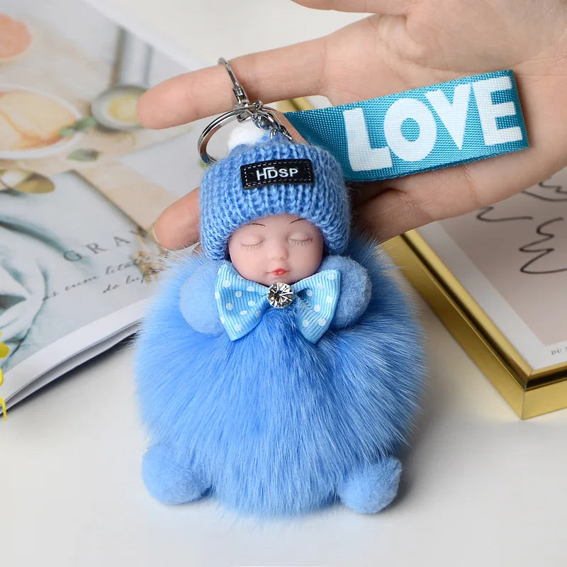 Fluffy Pompom Sleeping Baby Keychain Cute Fluffy Plush Doll Keychains Women Girl Bags Keyrings Cars Key Ring  Gift Charming  Decoration ShopOnlyDeal