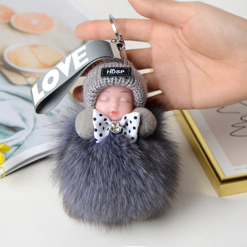 Fluffy Pompom Sleeping Baby Keychain Cute Fluffy Plush Doll Keychains Women Girl Bags Keyrings Cars Key Ring  Gift Charming  Decoration ShopOnlyDeal