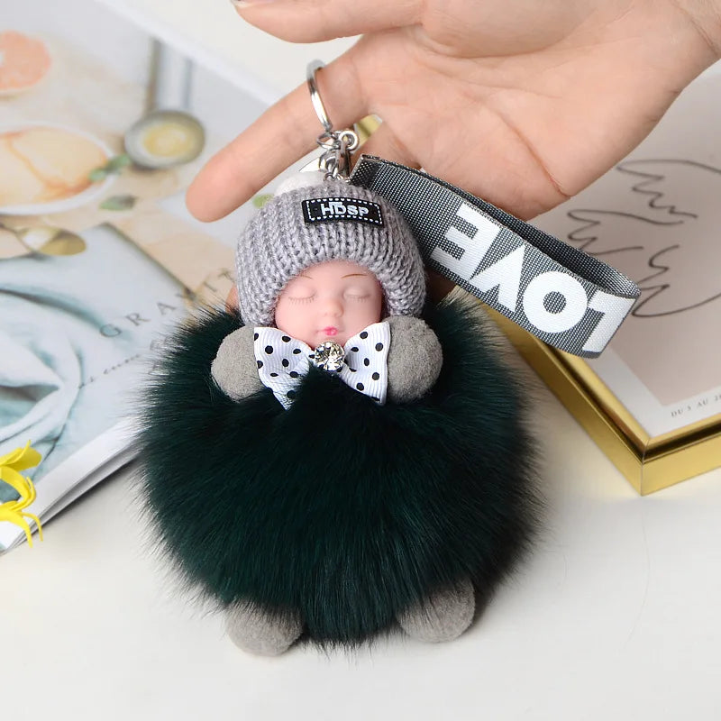 Fluffy Pompom Sleeping Baby Keychain Cute Fluffy Plush Doll Keychains Women Girl Bags Keyrings Cars Key Ring  Gift Charming  Decoration ShopOnlyDeal