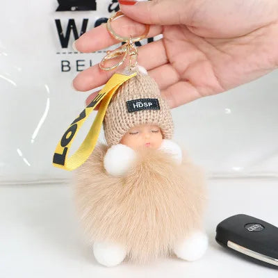 Fluffy Pompom Sleeping Baby Keychain Cute Fluffy Plush Doll Keychains Women Girl Bags Keyrings Cars Key Ring  Gift Charming  Decoration ShopOnlyDeal