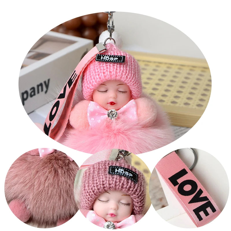 Fluffy Pompom Sleeping Baby Keychain Cute Fluffy Plush Doll Keychains Christmas Gift Women Girl Bags Keyrings Cars Key Ring  Gift Charming  Decoration ShopOnlyDeal