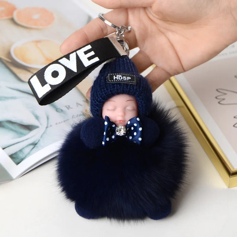 Fluffy Pompom Sleeping Baby Keychain Cute Fluffy Plush Doll Keychains Women Girl Bags Keyrings Cars Key Ring  Gift Charming  Decoration ShopOnlyDeal