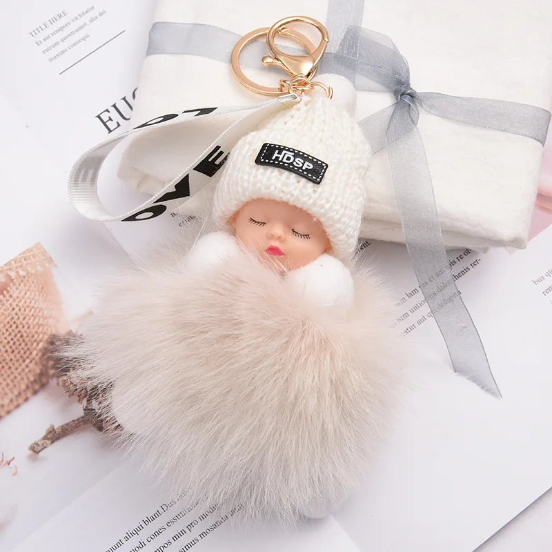 Fluffy Pompom Sleeping Baby Keychain Cute Fluffy Plush Doll Keychains Women Girl Bags Keyrings Cars Key Ring  Gift Charming  Decoration ShopOnlyDeal