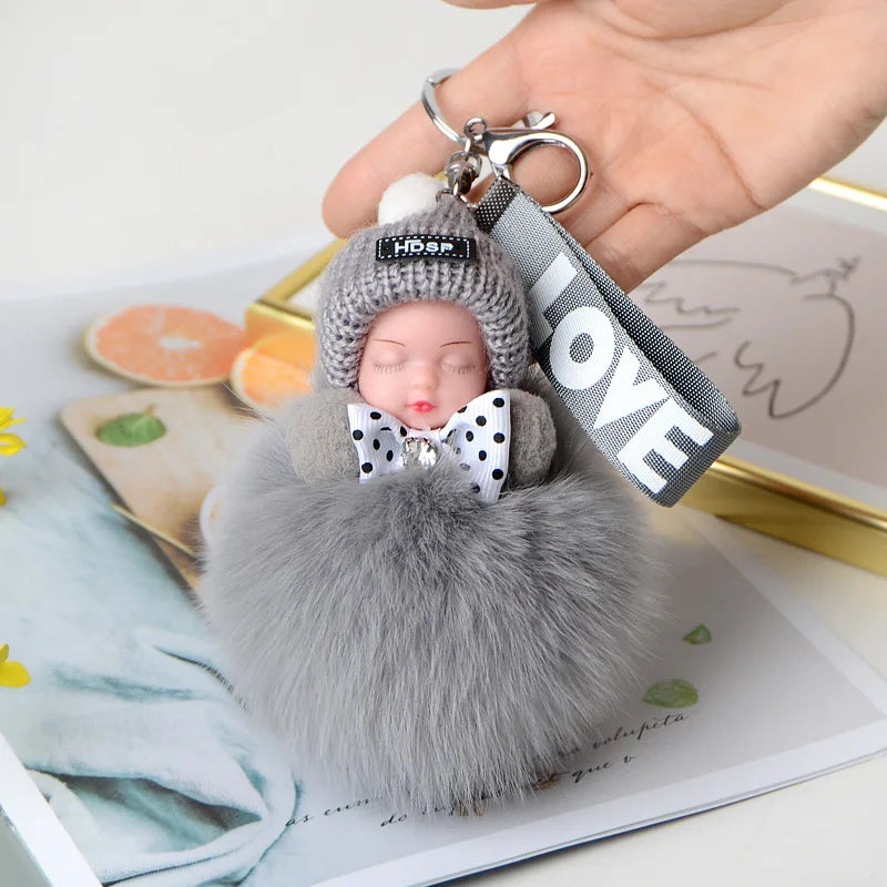 Fluffy Pompom Sleeping Baby Keychain Cute Fluffy Plush Doll Keychains Women Girl Bags Keyrings Cars Key Ring  Gift Charming  Decoration ShopOnlyDeal