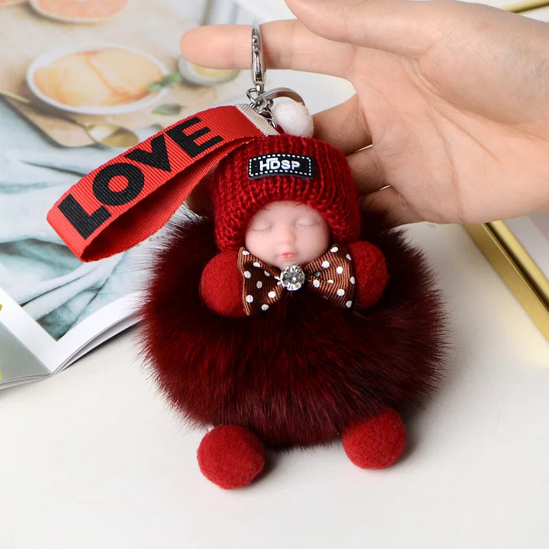 Fluffy Pompom Sleeping Baby Keychain Cute Fluffy Plush Doll Keychains Women Girl Bags Keyrings Cars Key Ring  Gift Charming  Decoration ShopOnlyDeal