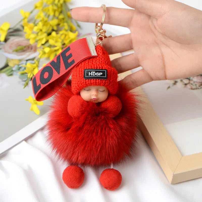 Fluffy Pompom Sleeping Baby Keychain Cute Fluffy Plush Doll Keychains Christmas Gift Women Girl Bags Keyrings Cars Key Ring  Gift Charming  Decoration ShopOnlyDeal