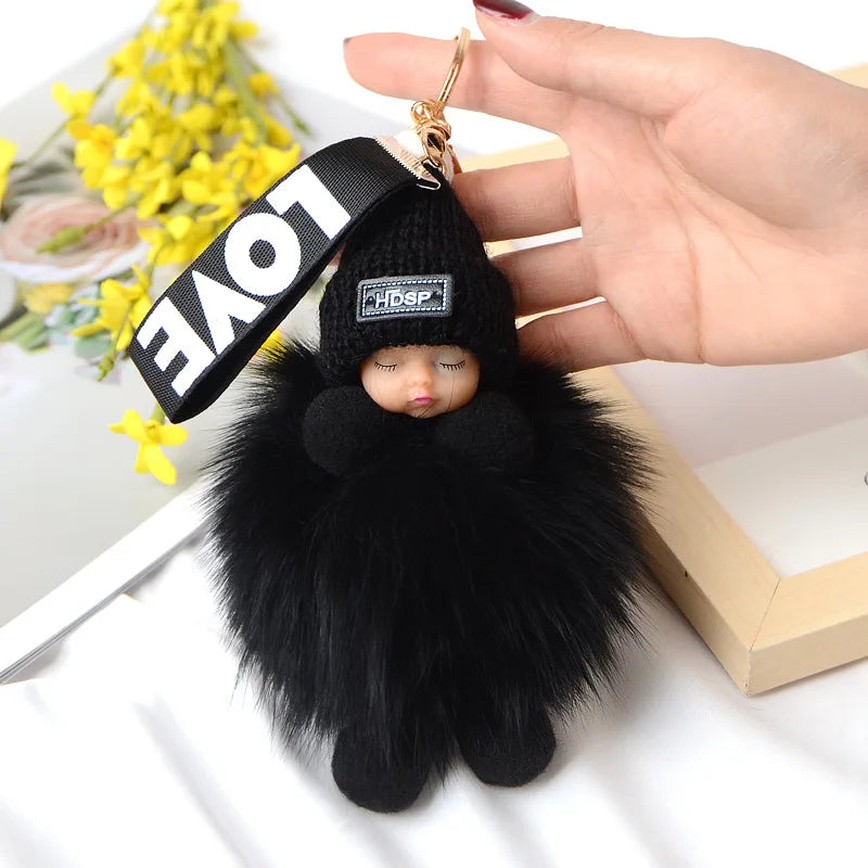 Fluffy Pompom Sleeping Baby Keychain Cute Fluffy Plush Doll Keychains Women Girl Bags Keyrings Cars Key Ring  Gift Charming  Decoration ShopOnlyDeal