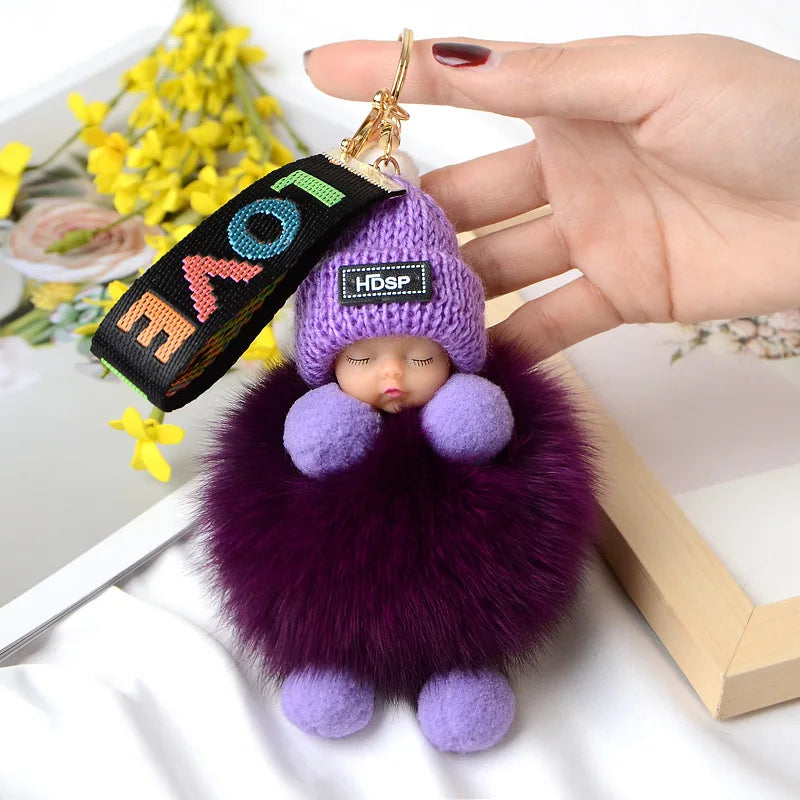 Fluffy Pompom Sleeping Baby Keychain Cute Fluffy Plush Doll Keychains Women Girl Bags Keyrings Cars Key Ring  Gift Charming  Decoration ShopOnlyDeal