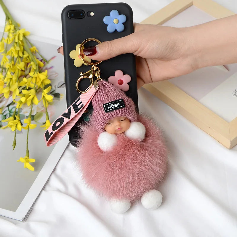 Fluffy Pompom Sleeping Baby Keychain Cute Fluffy Plush Doll Keychains Christmas Gift Women Girl Bags Keyrings Cars Key Ring  Gift Charming  Decoration ShopOnlyDeal