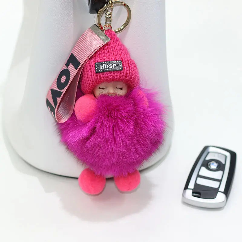 Fluffy Pompom Sleeping Baby Keychain Cute Fluffy Plush Doll Keychains Women Girl Bags Keyrings Cars Key Ring  Gift Charming  Decoration ShopOnlyDeal