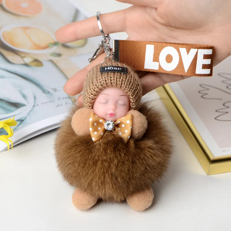 Fluffy Pompom Sleeping Baby Keychain Cute Fluffy Plush Doll Keychains Women Girl Bags Keyrings Cars Key Ring  Gift Charming  Decoration ShopOnlyDeal