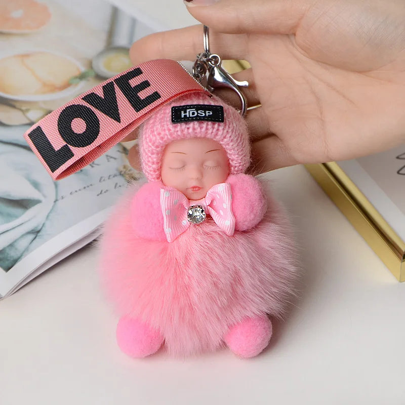 Fluffy Pompom Sleeping Baby Keychain Cute Fluffy Plush Doll Keychains Women Girl Bags Keyrings Cars Key Ring  Gift Charming  Decoration ShopOnlyDeal