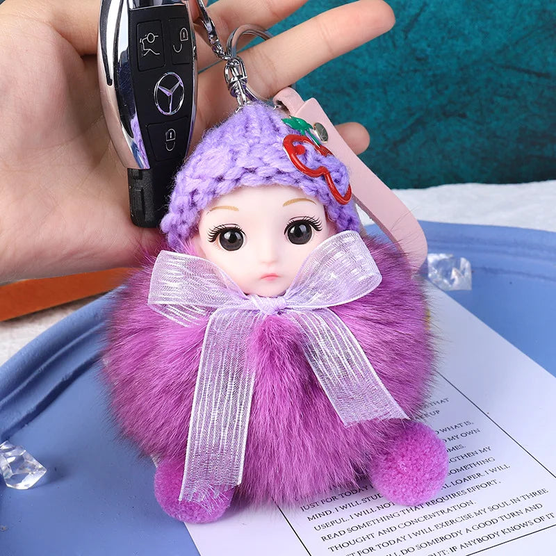 Fluffy Pompom Sleeping Baby Keychain Cute Fluffy Plush Doll Keychains Christmas Gift Women Girl Bags Keyrings Cars Key Ring  Gift Charming  Decoration ShopOnlyDeal