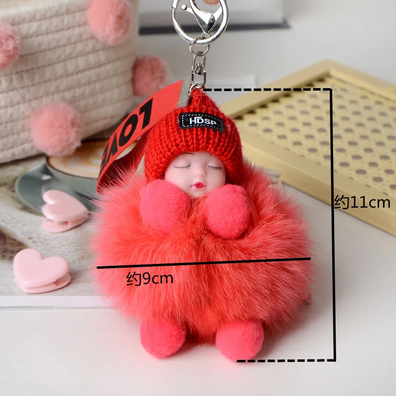 Fluffy Pompom Sleeping Baby Keychain Cute Fluffy Plush Doll Keychains Christmas Gift Women Girl Bags Keyrings Cars Key Ring  Gift Charming  Decoration ShopOnlyDeal