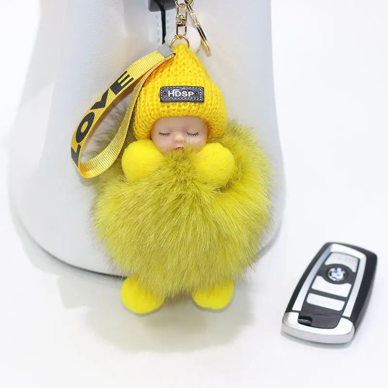 Fluffy Pompom Sleeping Baby Keychain Cute Fluffy Plush Doll Keychains Women Girl Bags Keyrings Cars Key Ring  Gift Charming  Decoration ShopOnlyDeal