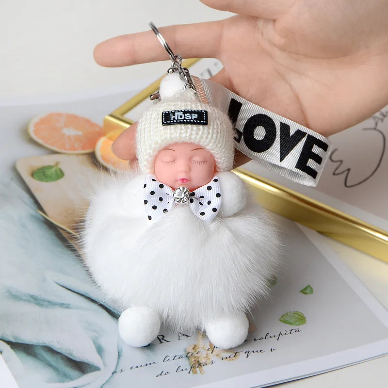 Fluffy Pompom Sleeping Baby Keychain Cute Fluffy Plush Doll Keychains Women Girl Bags Keyrings Cars Key Ring  Gift Charming  Decoration ShopOnlyDeal