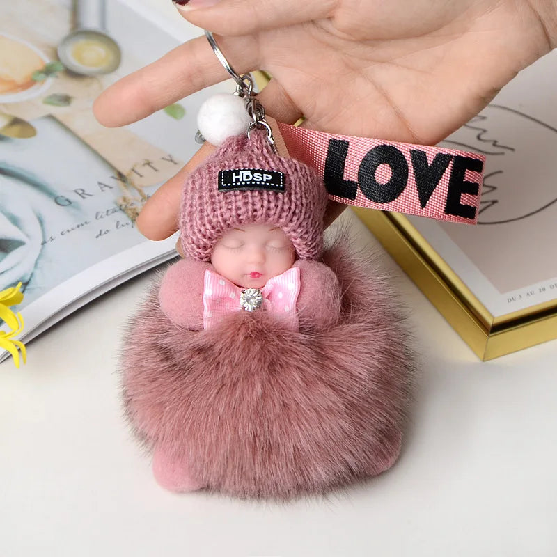 Fluffy Pompom Sleeping Baby Keychain Cute Fluffy Plush Doll Keychains Women Girl Bags Keyrings Cars Key Ring  Gift Charming  Decoration ShopOnlyDeal