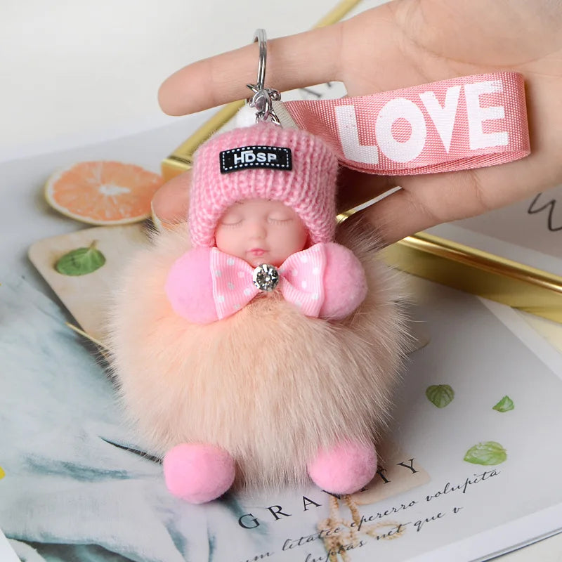 Fluffy Pompom Sleeping Baby Keychain Cute Fluffy Plush Doll Keychains Women Girl Bags Keyrings Cars Key Ring  Gift Charming  Decoration ShopOnlyDeal