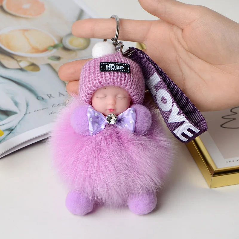 Fluffy Pompom Sleeping Baby Keychain Cute Fluffy Plush Doll Keychains Women Girl Bags Keyrings Cars Key Ring  Gift Charming  Decoration ShopOnlyDeal