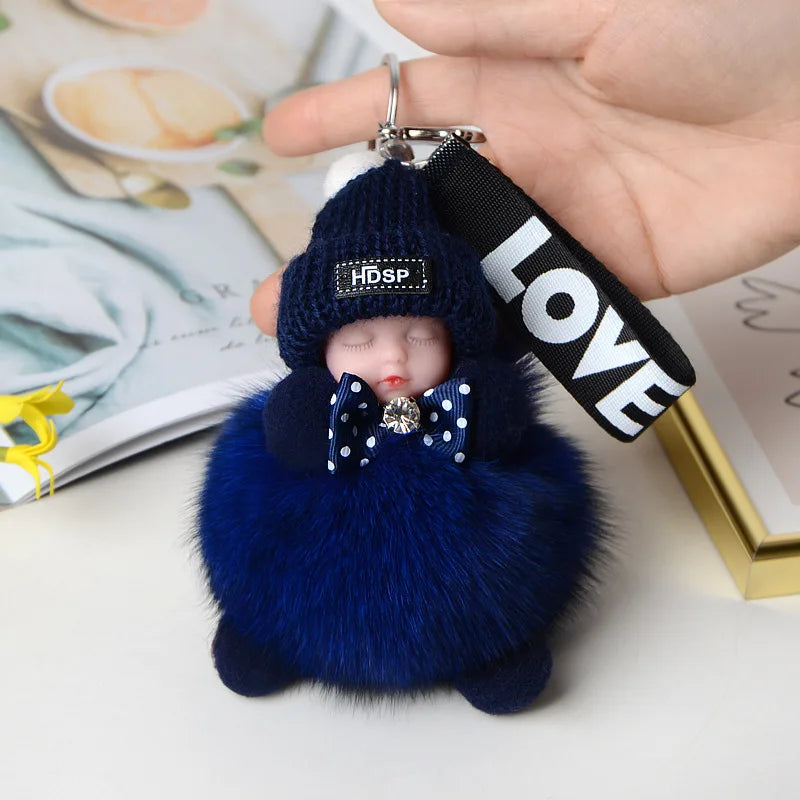 Fluffy Pompom Sleeping Baby Keychain Cute Fluffy Plush Doll Keychains Women Girl Bags Keyrings Cars Key Ring  Gift Charming  Decoration ShopOnlyDeal