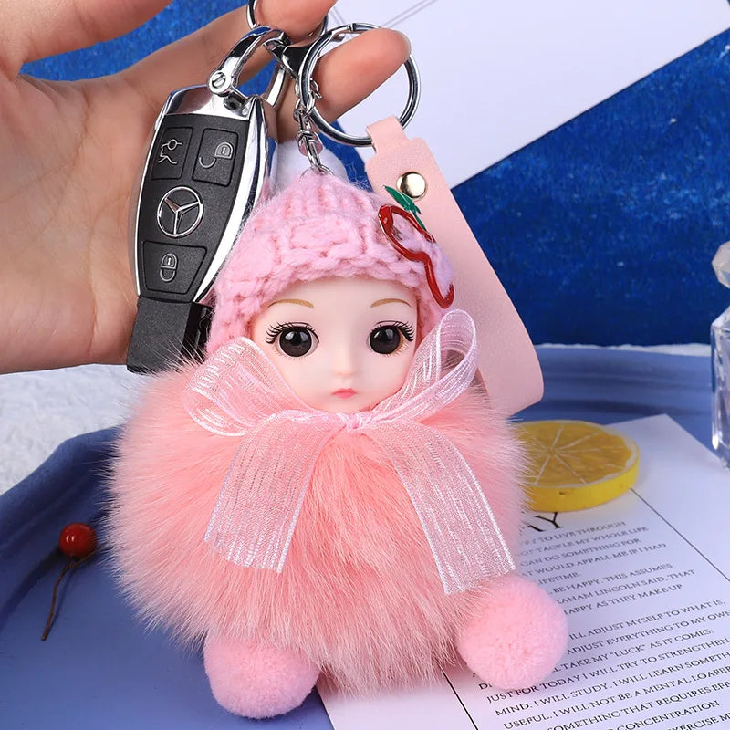 Fluffy Pompom Sleeping Baby Keychain Cute Fluffy Plush Doll Keychains Women Girl Bags Keyrings Cars Key Ring  Gift Charming  Decoration ShopOnlyDeal