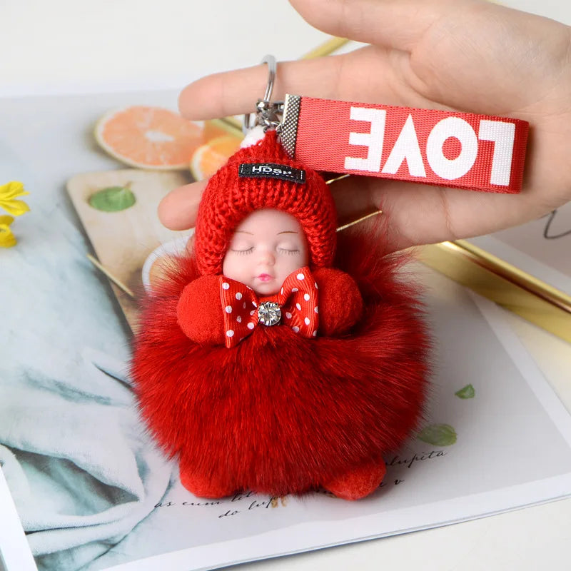 Fluffy Pompom Sleeping Baby Keychain Cute Fluffy Plush Doll Keychains Women Girl Bags Keyrings Cars Key Ring  Gift Charming  Decoration ShopOnlyDeal