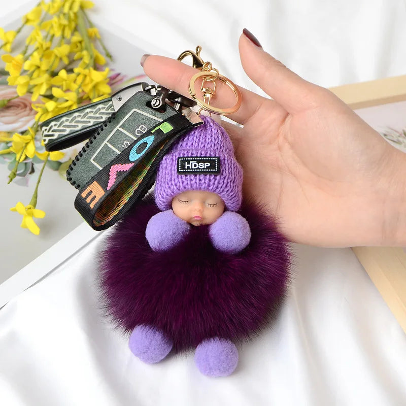 Fluffy Pompom Sleeping Baby Keychain Cute Fluffy Plush Doll Keychains Christmas Gift Women Girl Bags Keyrings Cars Key Ring  Gift Charming  Decoration ShopOnlyDeal