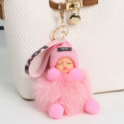 Fluffy Pompom Sleeping Baby Keychain Cute Fluffy Plush Doll Keychains Women Girl Bags Keyrings Cars Key Ring  Gift Charming  Decoration ShopOnlyDeal