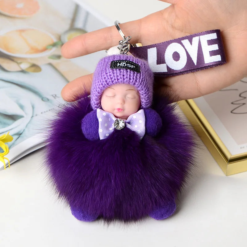 Fluffy Pompom Sleeping Baby Keychain Cute Fluffy Plush Doll Keychains Women Girl Bags Keyrings Cars Key Ring  Gift Charming  Decoration ShopOnlyDeal