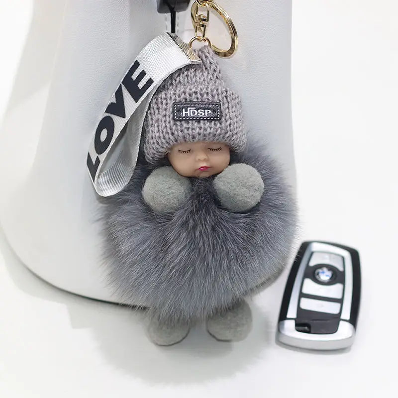 Fluffy Pompom Sleeping Baby Keychain Cute Fluffy Plush Doll Keychains Women Girl Bags Keyrings Cars Key Ring  Gift Charming  Decoration ShopOnlyDeal