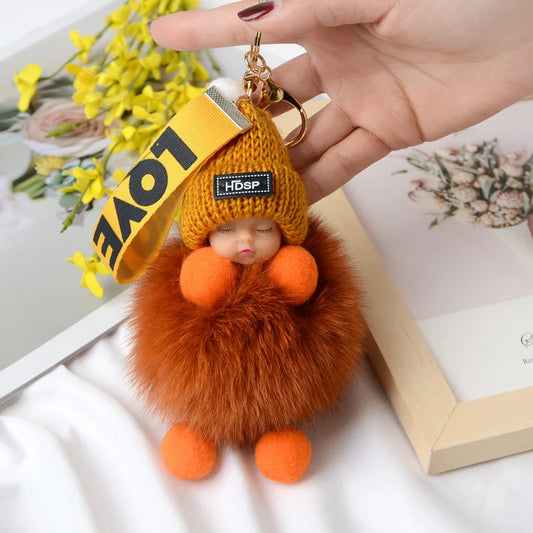 Fluffy Pompom Sleeping Baby Keychain Cute Fluffy Plush Doll Keychains Women Girl Bags Keyrings Cars Key Ring  Gift Charming  Decoration ShopOnlyDeal