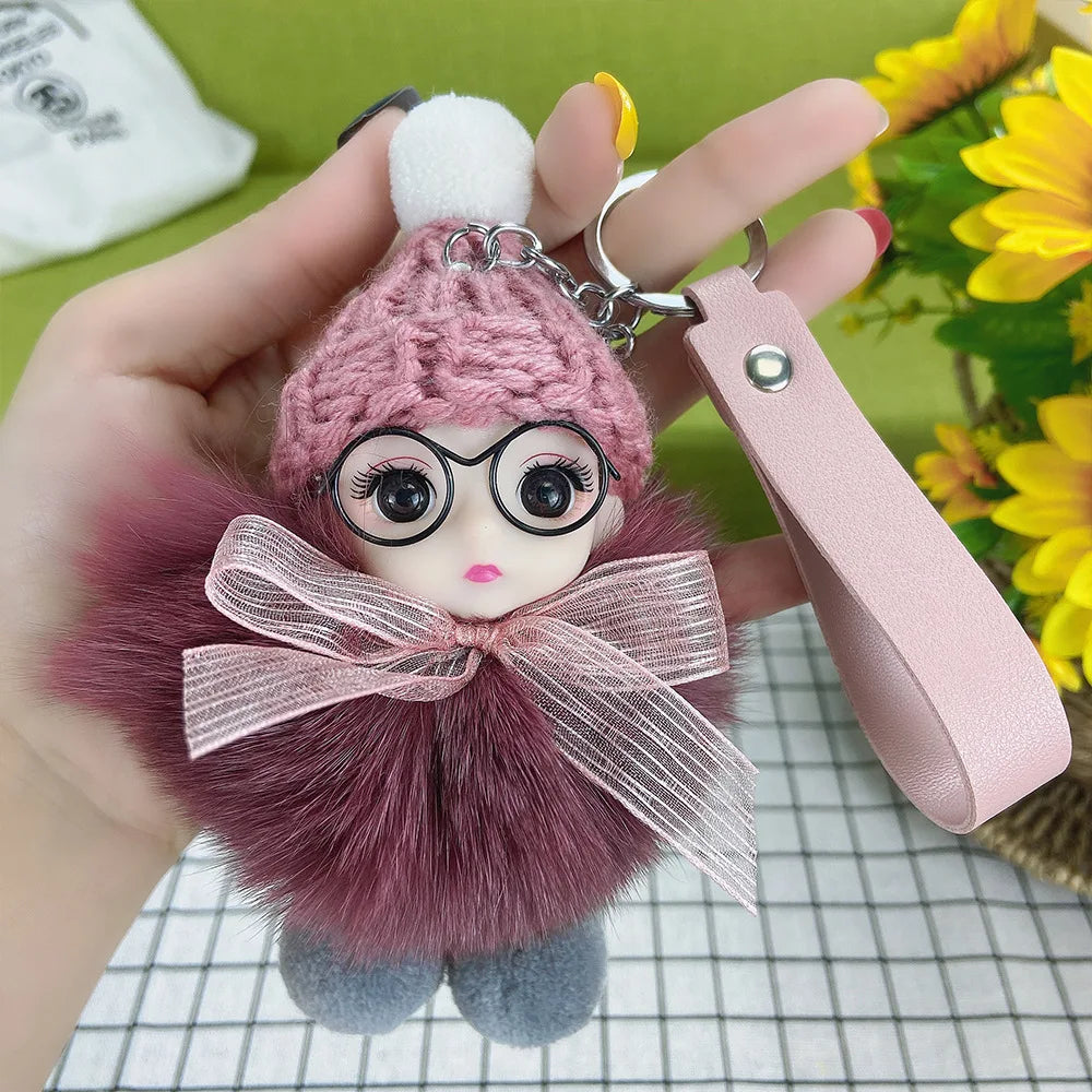 Fluffy Pompom Sleeping Baby Keychain Cute Fluffy Plush Doll Keychains Women Girl Bags Keyrings Cars Key Ring  Gift Charming  Decoration ShopOnlyDeal