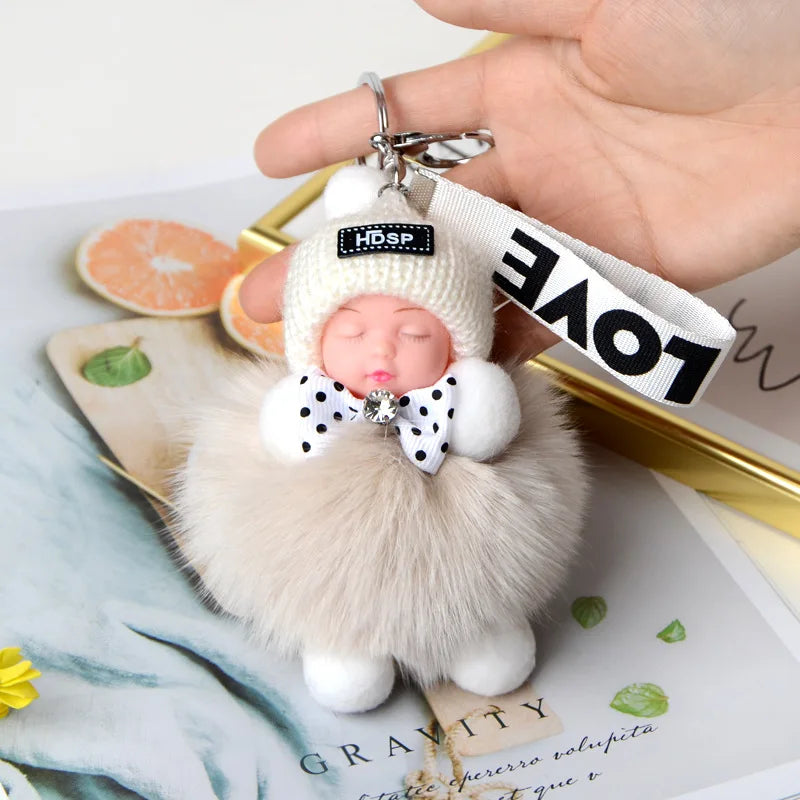 Fluffy Pompom Sleeping Baby Keychain Cute Fluffy Plush Doll Keychains Women Girl Bags Keyrings Cars Key Ring  Gift Charming  Decoration ShopOnlyDeal