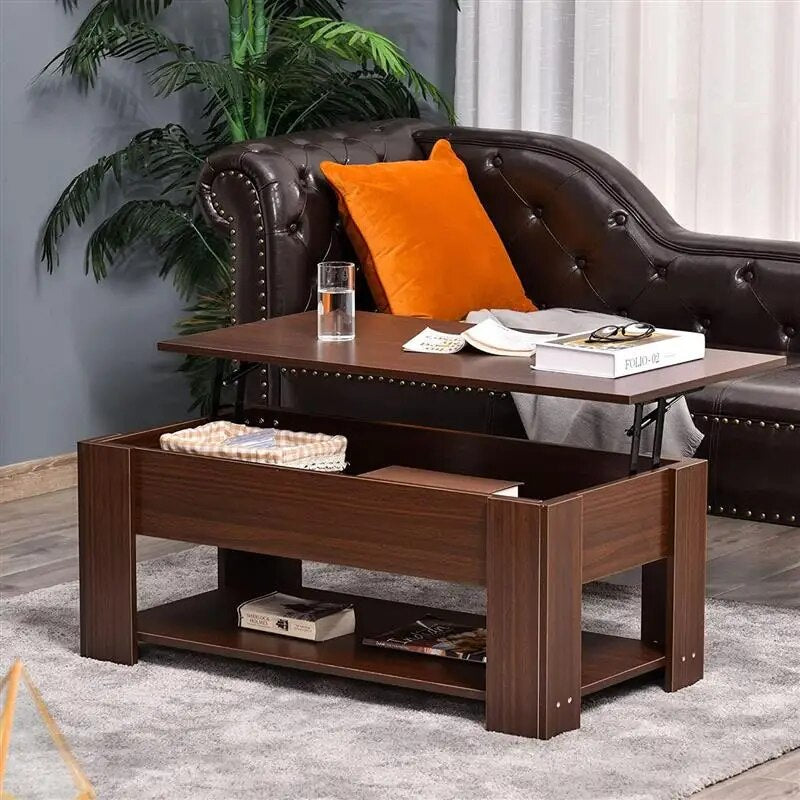 Trendy Pop Up Coffee Table,Lift Top Coffee Table With Hidden Storage Compartment,Open Shelf,Living Room, Brown ShopOnlyDeal