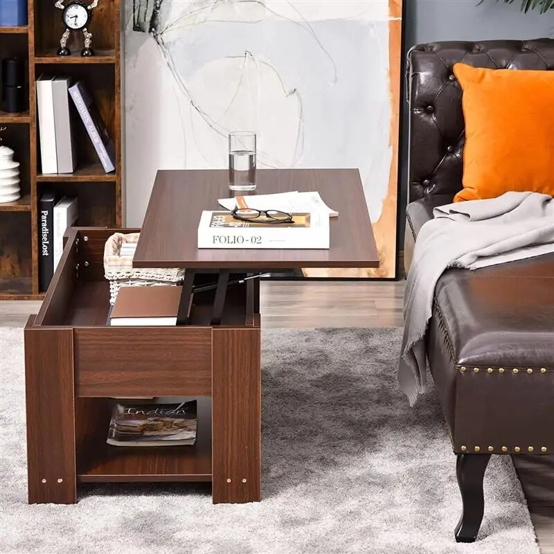 Trendy Pop Up Coffee Table,Lift Top Coffee Table With Hidden Storage Compartment,Open Shelf,Living Room, Brown ShopOnlyDeal