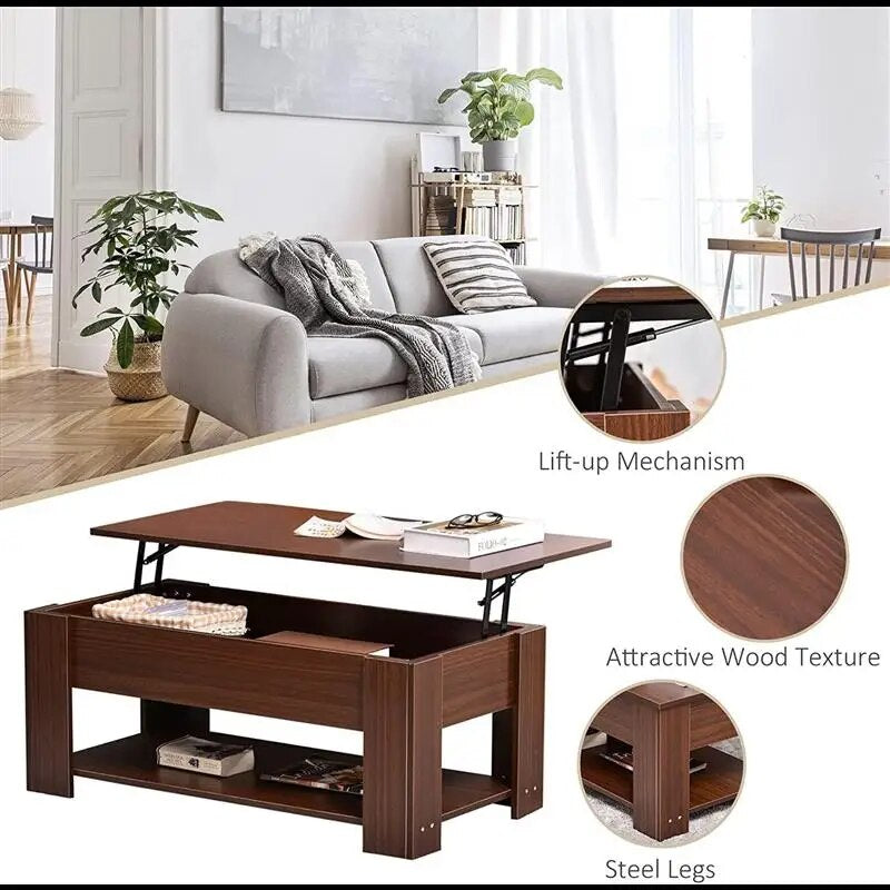 Trendy Pop Up Coffee Table,Lift Top Coffee Table With Hidden Storage Compartment,Open Shelf,Living Room, Brown ShopOnlyDeal