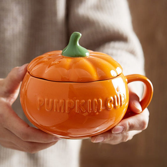 Pumpkin cup creative personality trend water cup ceramic with lid spoon breakfast oatmeal mug milk cup Shop5037091 Store