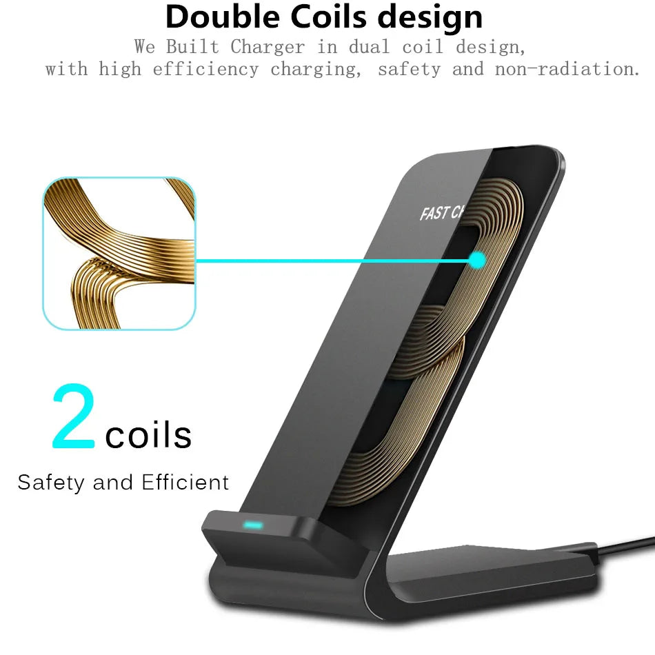 QI 100W Wireless Chargers QC 2.0 Fast Charging for iPhone 10 14 13 12 XR Samsung S22 S10 S7 S8 S9 2-Coils Stand 5V/2A & 9V/1.67A ShopOnlyDeal