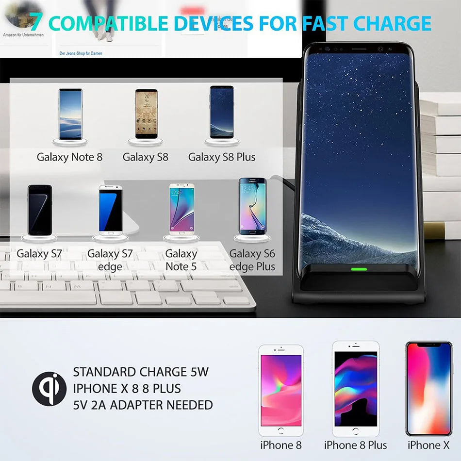 QI 100W Wireless Chargers QC 2.0 Fast Charging for iPhone 10 14 13 12 XR Samsung S22 S10 S7 S8 S9 2-Coils Stand 5V/2A & 9V/1.67A ShopOnlyDeal