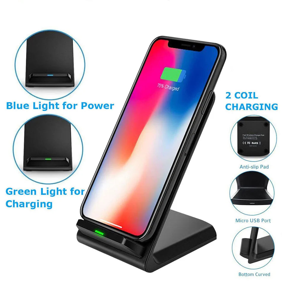 QI 100W Wireless Chargers QC 2.0 Fast Charging for iPhone 10 14 13 12 XR Samsung S22 S10 S7 S8 S9 2-Coils Stand 5V/2A & 9V/1.67A ShopOnlyDeal