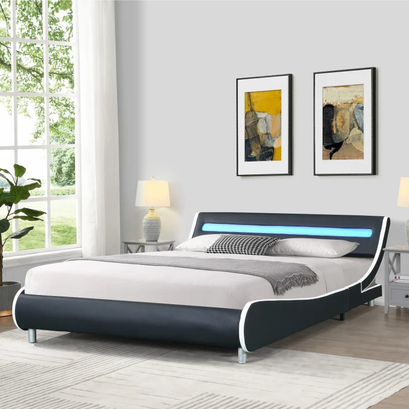 Luxury Bed Frame Queen Size,Faux Leather Upholstered Platform Bed Frame with led lighting , Curve Design, Wood Slat Support,for bedroom furniture ShopOnlyDeal